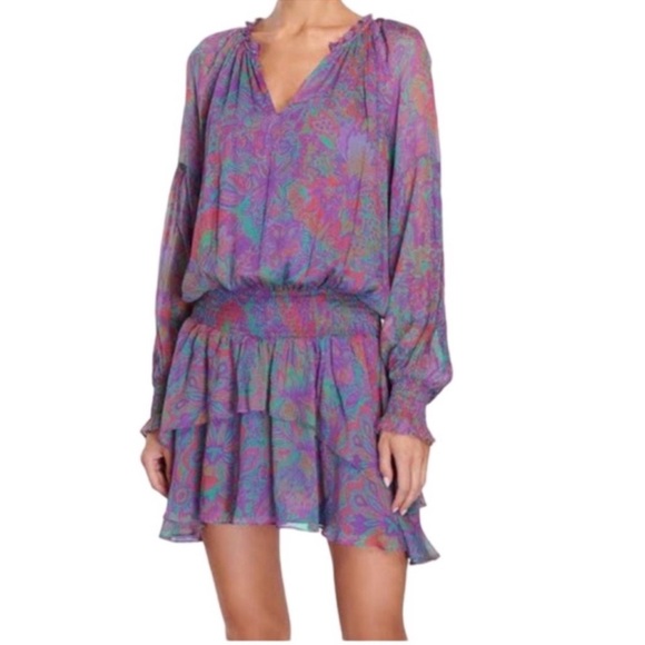 Ramy Brook Printed Rosanna Dress Size Medium Boysenberry Smocked Waist Boho - Picture 7 of 7